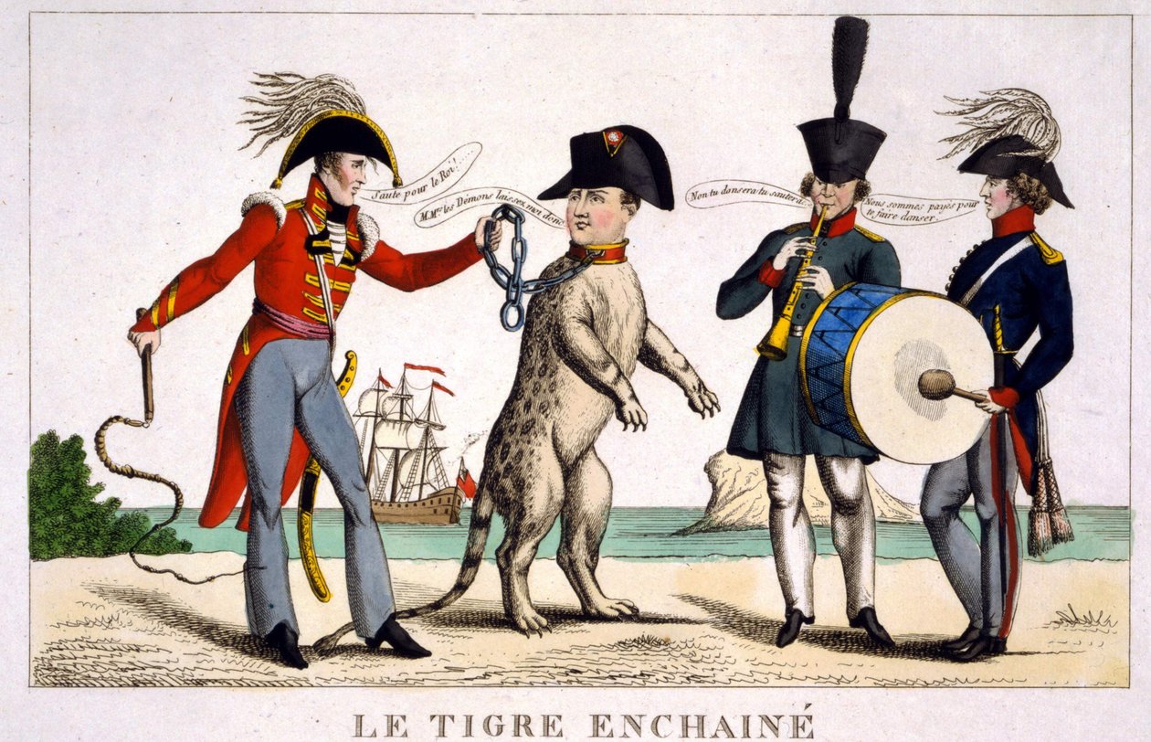 Napoleon I. v řetězovém tygru, který držel britský důstojník s bičem. Rusko a Rakousko hrají hudbu vedle. Kreslený 1815. od Unknown artist