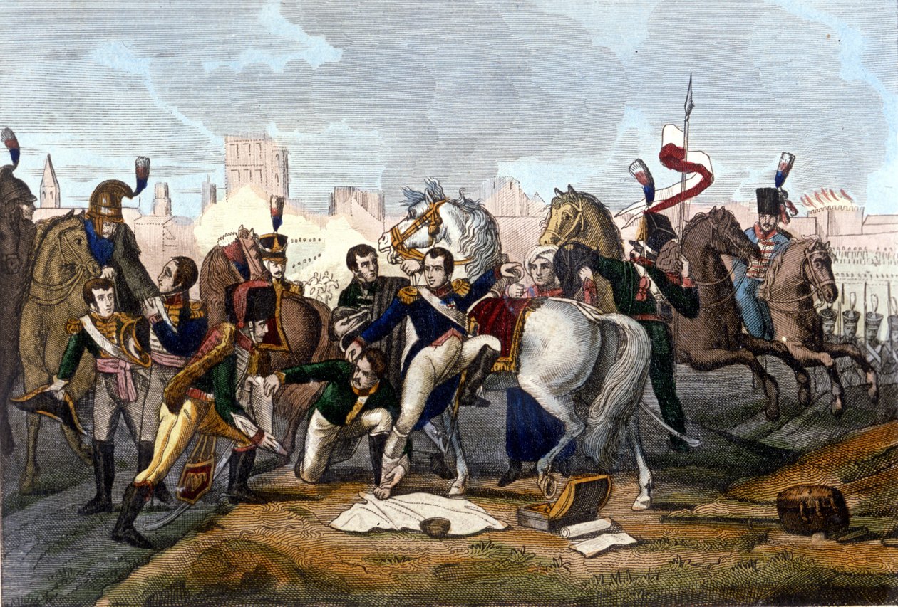 Napoleon I. raněn před Regensburgem 23. dubna 1809. Rytina 19. stol. od Unknown artist