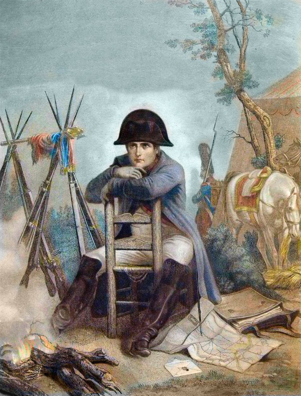 Napoleon v bivaku předvečer bitvy u Slavkova - rytina od Philippoteaux - Napoleon v bivaku. Bitva u Slavkova (1805), známá také jako bitva tří císařů od Unknown artist