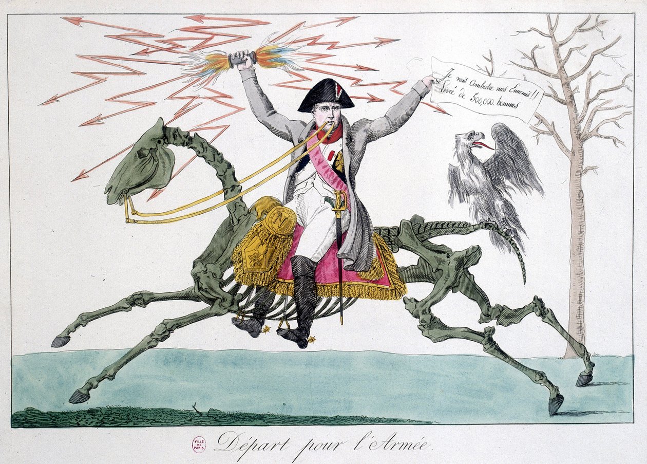 Napoleon: karikatura ve válečníkovi na kostře koně - v "" Napoleon 1er ", sbírka karikatur od Unknown artist