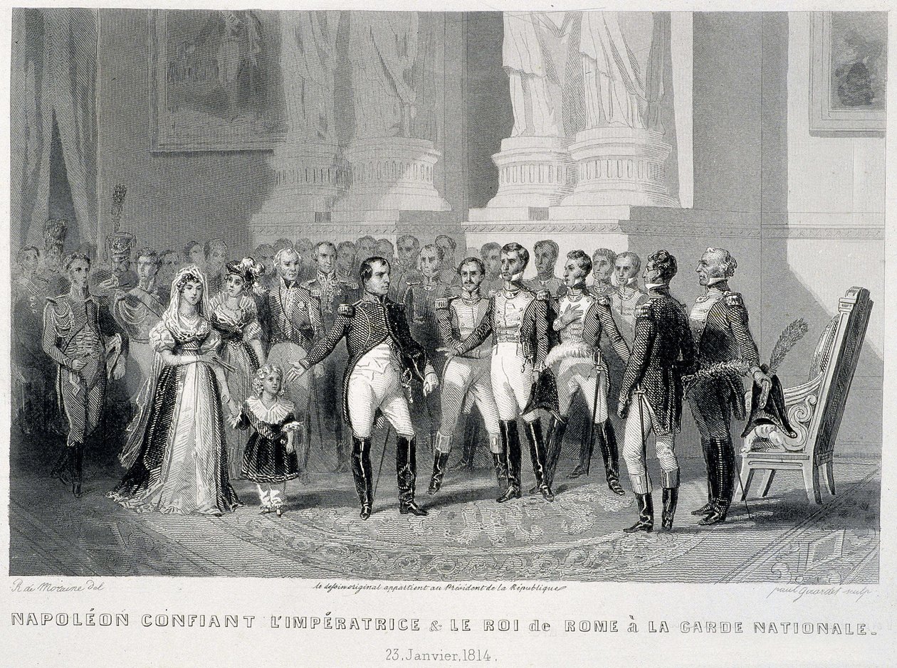 Napoleon svěřuje Impress a jejího syna, římského krále, Národní gardě (23. ledna 1814) - ve „Fasttes de Gardes nationales de France““ od Unknown artist