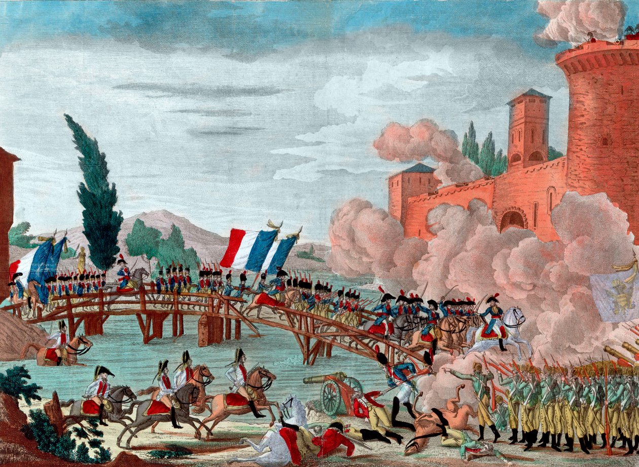 Napoleon vedl svou armádu přes most v Lodi - Napoleon během bitvy a průjezdu mostu v Lodi v roce 1796 - Průchod mostu v Lodi v Itálii republikánsko-francouzskou armádou pověřený vrchním generálem Napoleonem Bonapartem - od Unknown artist