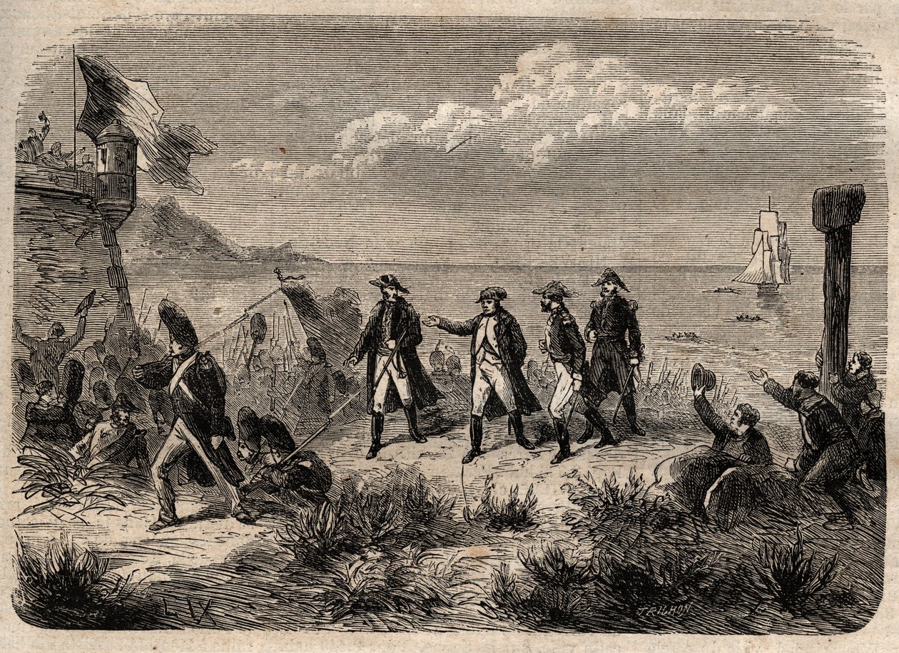 Napoleon se vrací z Elby – „“ Návrat Napoleona I. z ostrova Elba, přistál v Cannes 1. března 1815“““ Vyryto do „Ilustrativního populárního slovníku““ – 1864 – od Josepha Decembra a Edmonda Alloniera – od Unknown artist