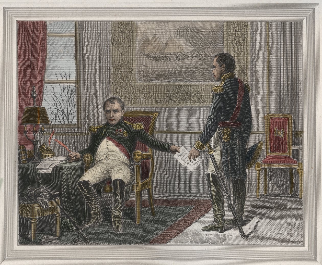 Napoleon podepisuje svou abdikaci 1814 - Napoleon Bonaparte (1769-1821) ve Fontainebleau během své první abdikace, podepsán v dubnu 1814 Rytina v „Les Fastes Populaires, ou Histoire des actes heroiques du peuple et de son influence sur les sciences, le od Unknown artist