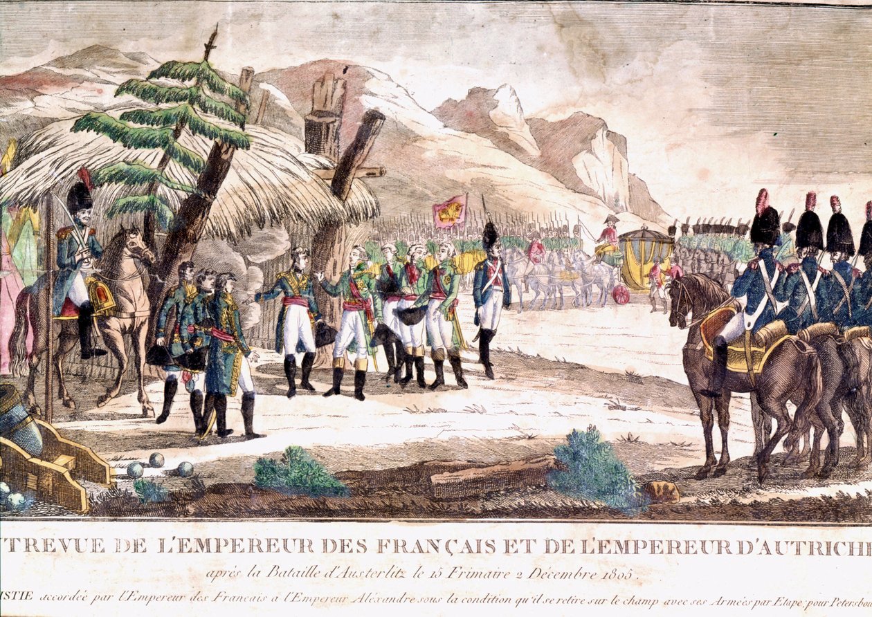 Napoleonská válka: Napoleon I. se setkává s císařem Františkem II. po bitvě u Slavkova dne 2. 12. 1805. Rytina 19. století. od Unknown artist
