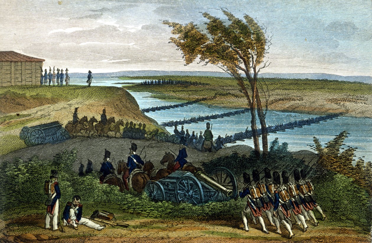 Napoleonská válka: Ruské tažení. Průchod řeky Niemen (Dnjemen) dne 24. 6. 1812, která odděluje obě říše. Rytina 19. století. od Unknown artist