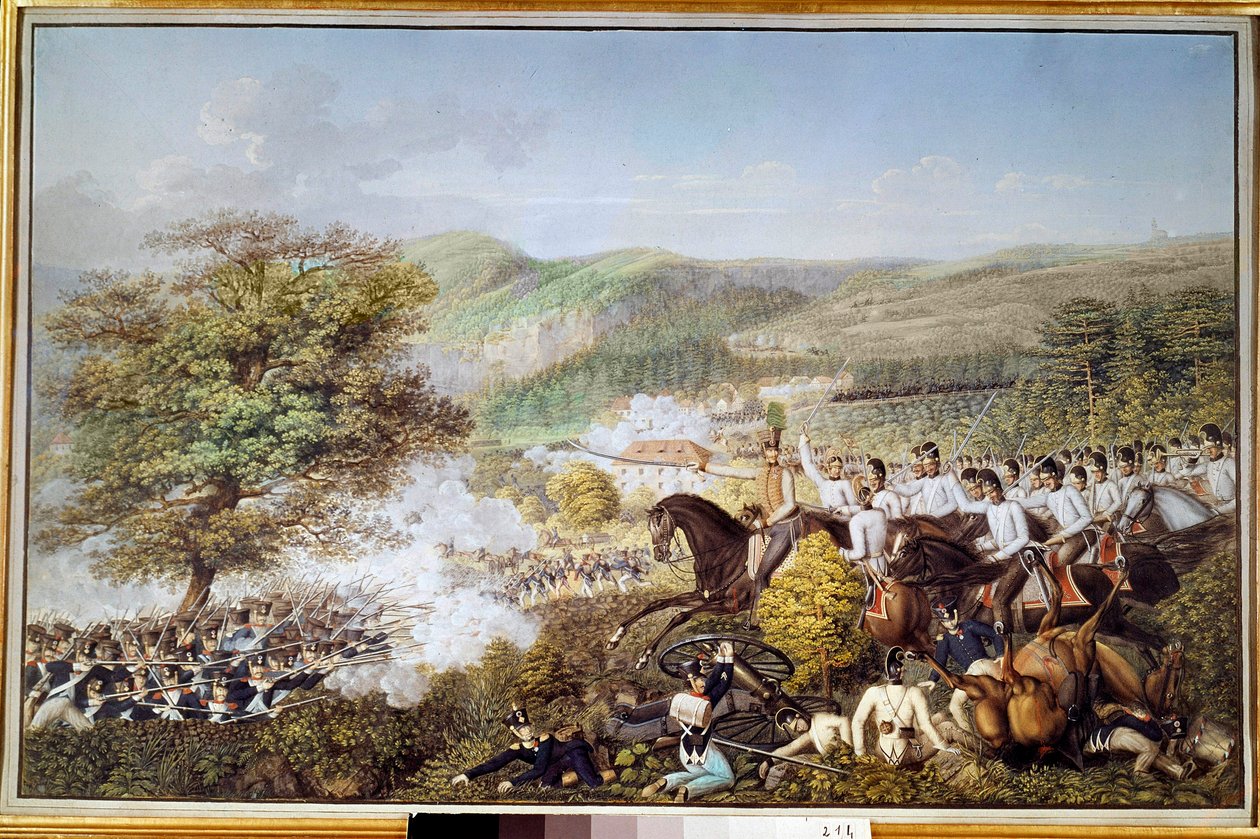 Napoleonská válka: „“Francouzská pěchota proti pruské jízdě““ Anonymní akvarel. 1813 Berlín, historické muzeum od Unknown artist