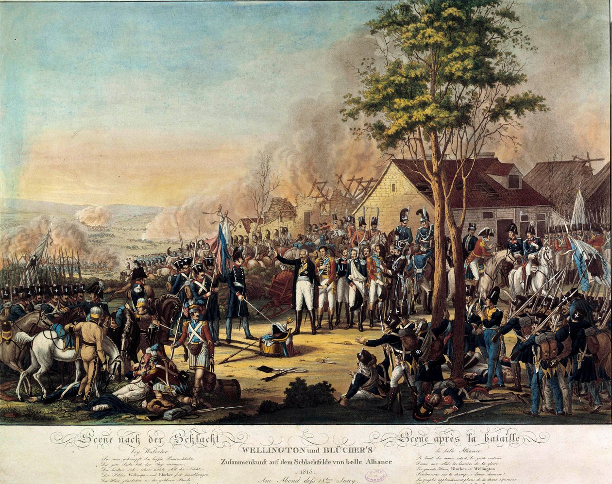 Napoleonské války: Bitva u Belle Alliance nebo Waterloo vyhrály 18. června 1815 ozbrojené síly pod rozkazem Arthura Wellesleyho, vévody z Wellingtonu (1769-1852) a prince Bluchera od Unknown artist