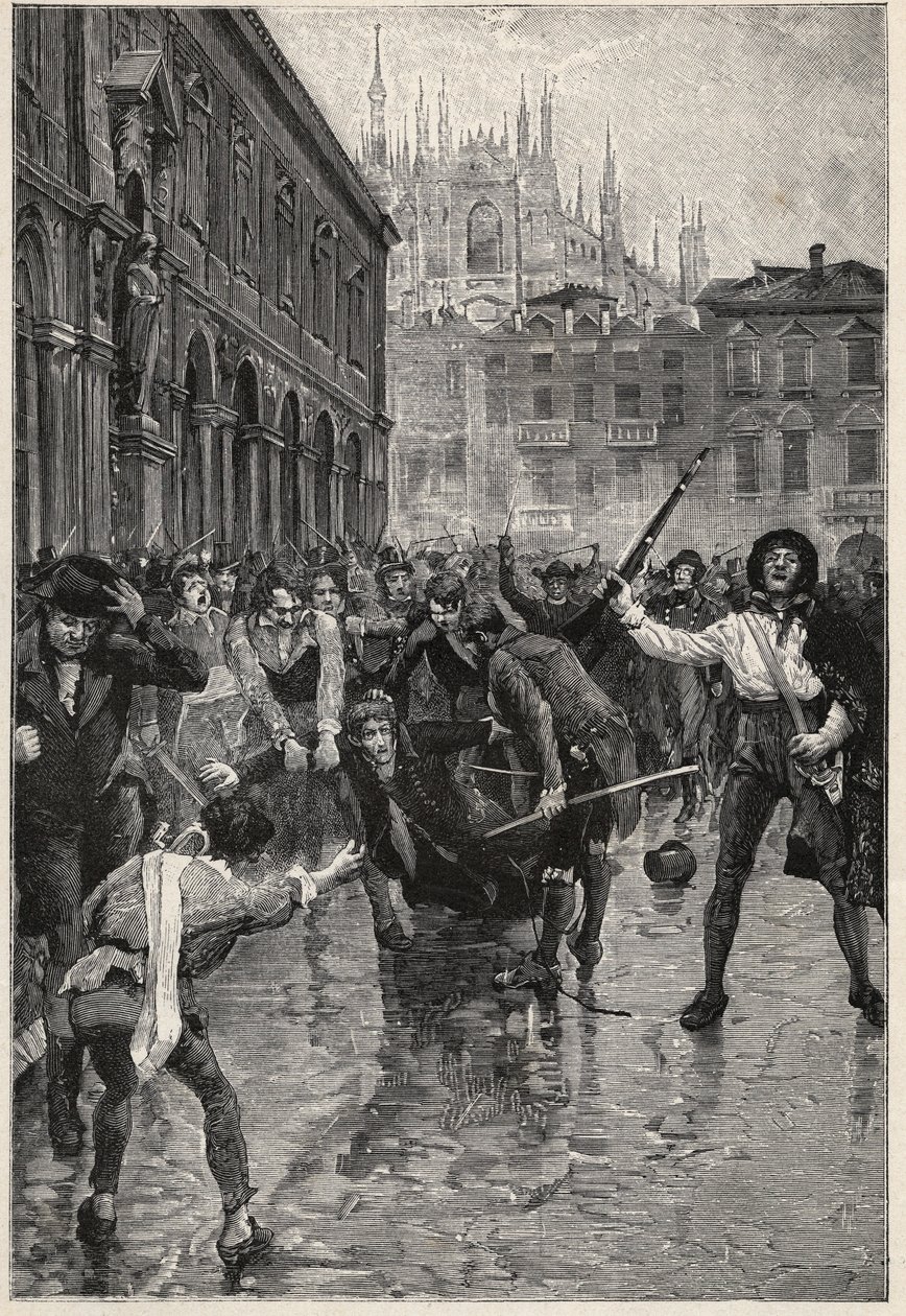 Napoleonova abdikace podporuje nepokoje v Miláně a Giuseppe Prina, neoblíbený ministr financí, je vláčen ulicemi a nakonec zabit davem na náměstí Piazza San Fedele v Miláně, 20. dubna od Unknown artist