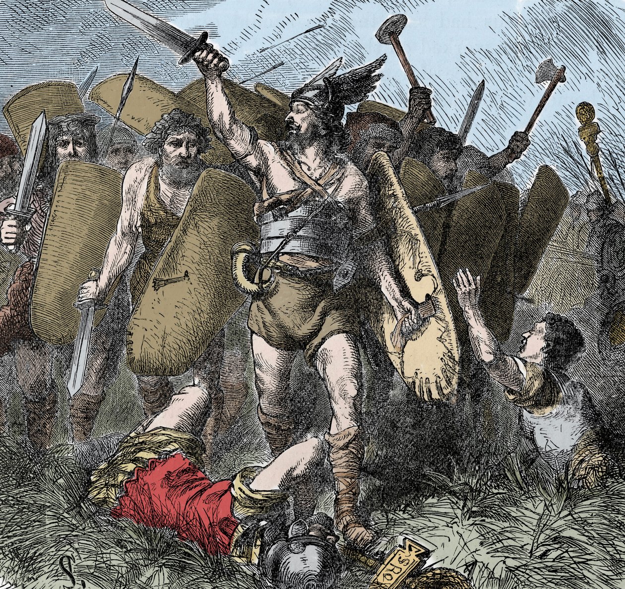Narses překonává Ostrogóty - Invaze barbarů: Narses (478-573) byzantský generál, eunuch, vítěze císaře Justiniána I. proti Ostrogótům v bitvě u Taginae, Itálie, v roce 552. Barvená rytina 19. století od Unknown artist