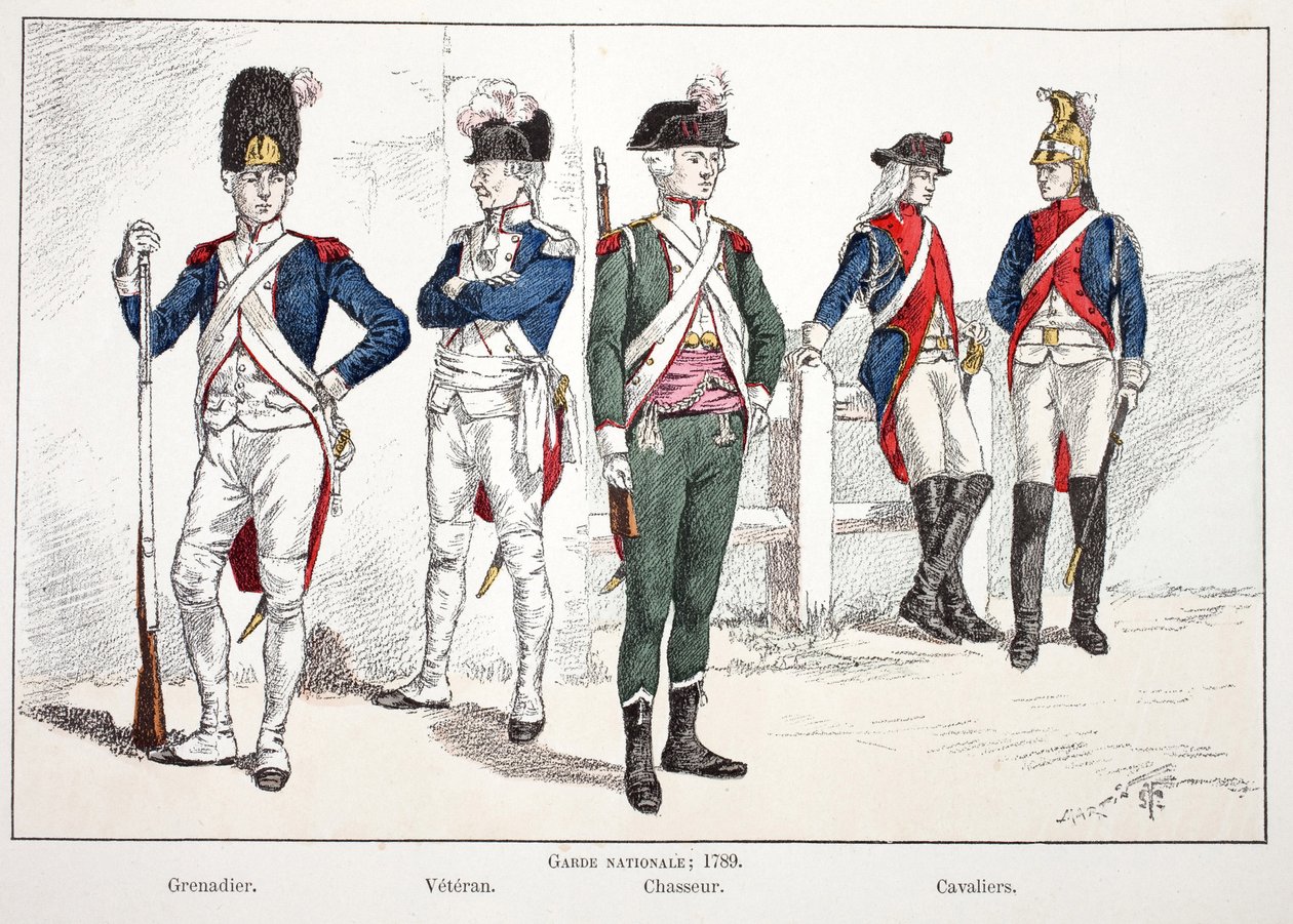 Národní garda, v roce 1789, zleva doprava: granátník, veterán, lovec a jezdci. Lept v barvách, pro ilustraci „“Historie sboru mírových sil“““ kniha vydaná pod záštitou Louise Lepinea (1846-1933) před od Unknown artist