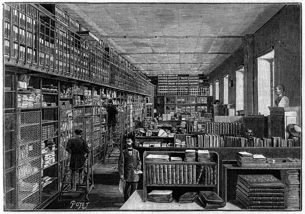 Národní knihovna v Paříži: Kancelář katalogu. Nahoře jsou boxy her. Rytina v „“ La Nature: revue des sciences et de leurs applications aux arts et a l