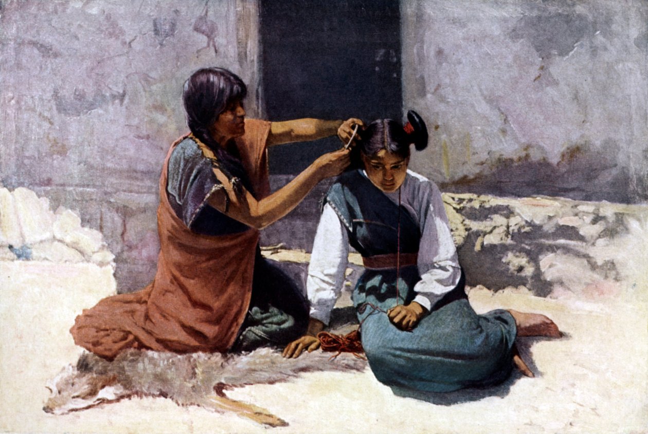 Indiánská matka z kmene Hopi, která upravuje vlasy své dcery v rámci příprav na svatbu. od Unknown artist
