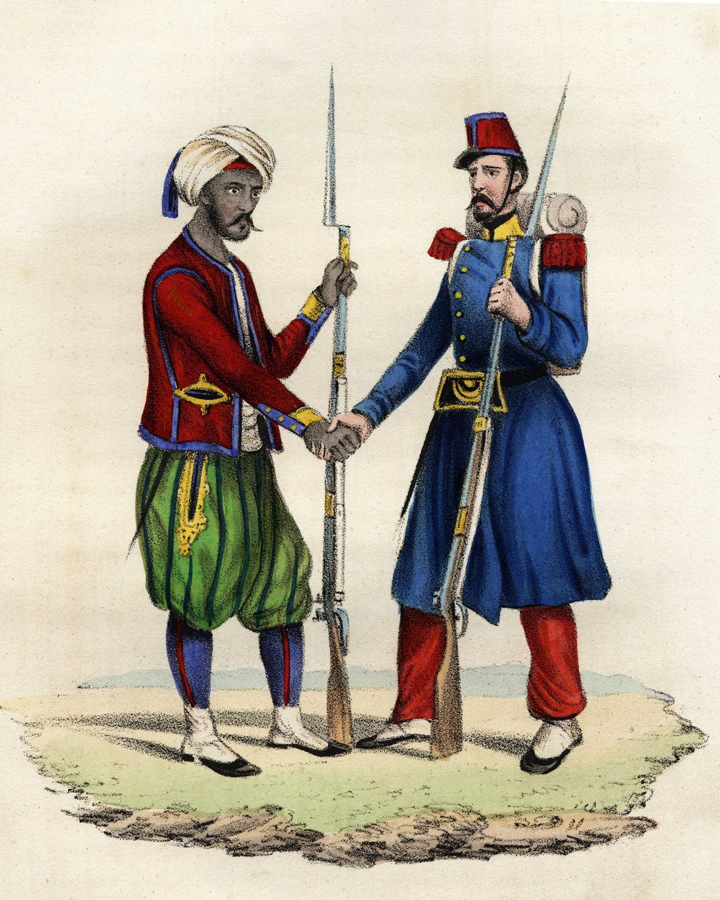 Domorodí a francouzští lovci francouzské armády Afriky v Alžírsku v roce 1830. V “” Storia d