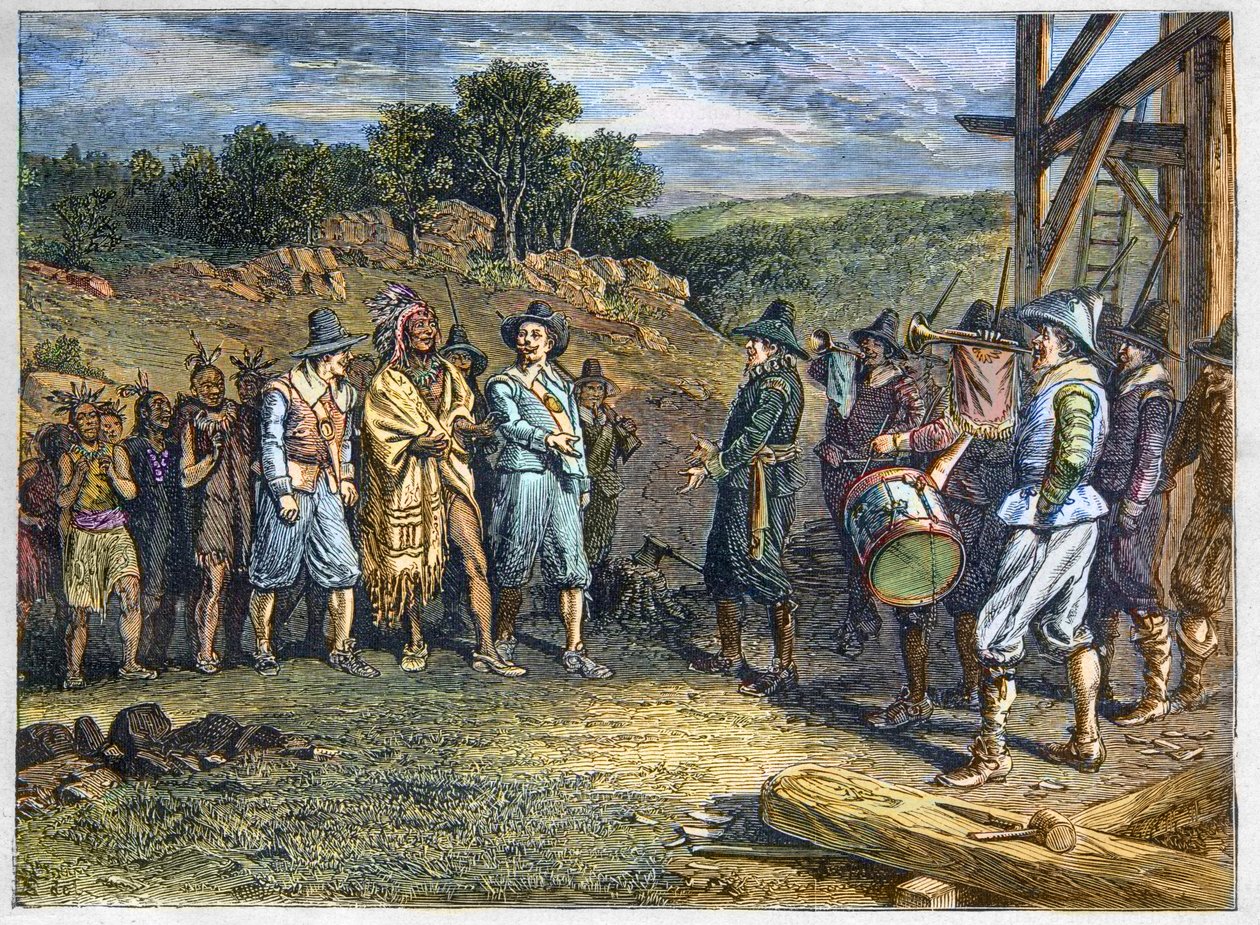 Původní obyvatelstvo Ameriky: Indiáni. Osadníci se setkali s Massasoitem (1590-1661), také známým jako Ousamequin „Žluté pírko““, náčelníkem kmene Wampanoag, kolonie Plymouth, roky 1620. Vůdce Wampanoagu Massasoit na návštěvě kolonistů v Plymouthu od Unknown artist