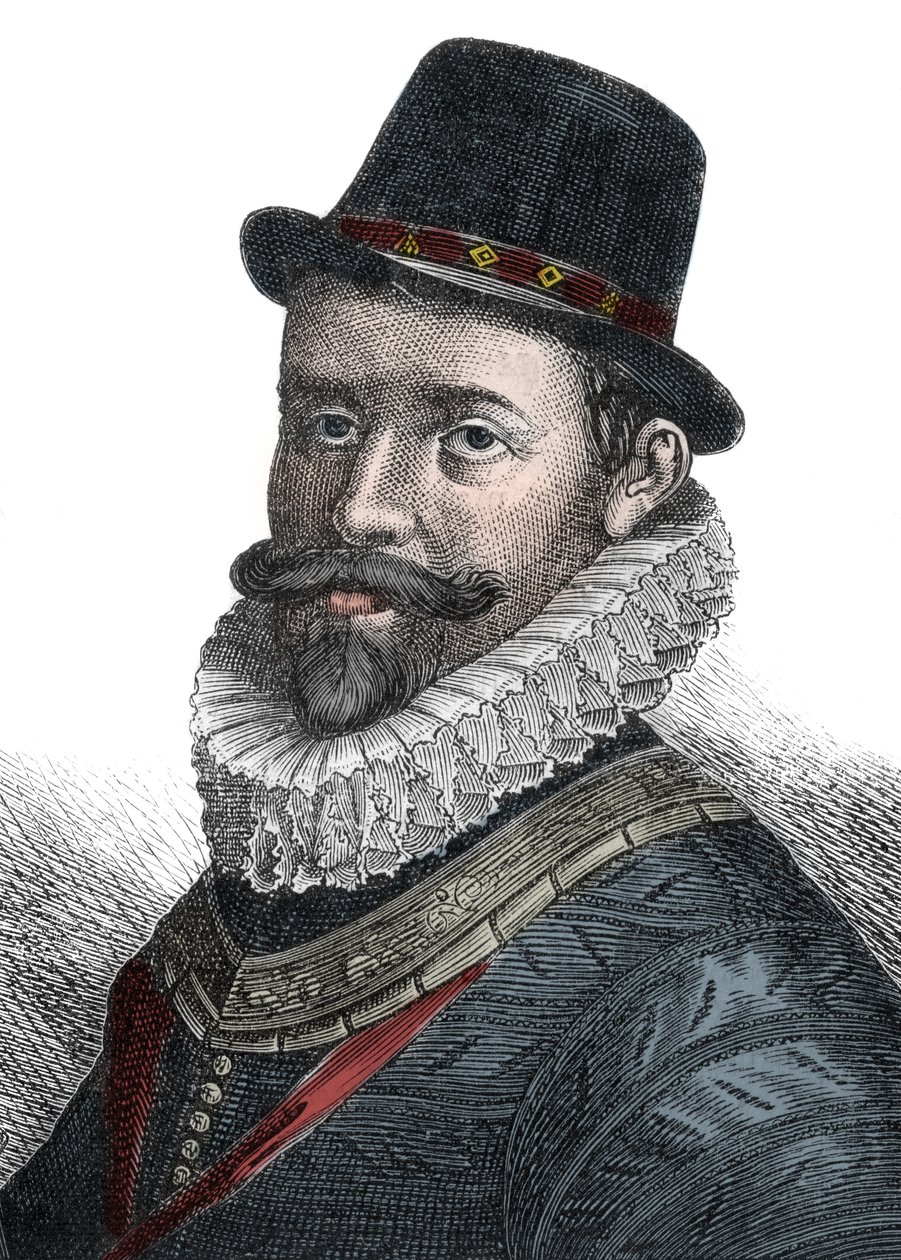 Námořní správa a velitel Sir John Hawkins (1532-1595) - Portrét sira Johna Hawkinse (Hawkyns) (1532-1595), anglického admirála, stavitele lodí, navigátora a obchodníka s otroky. Rytina 19. století. od Unknown artist