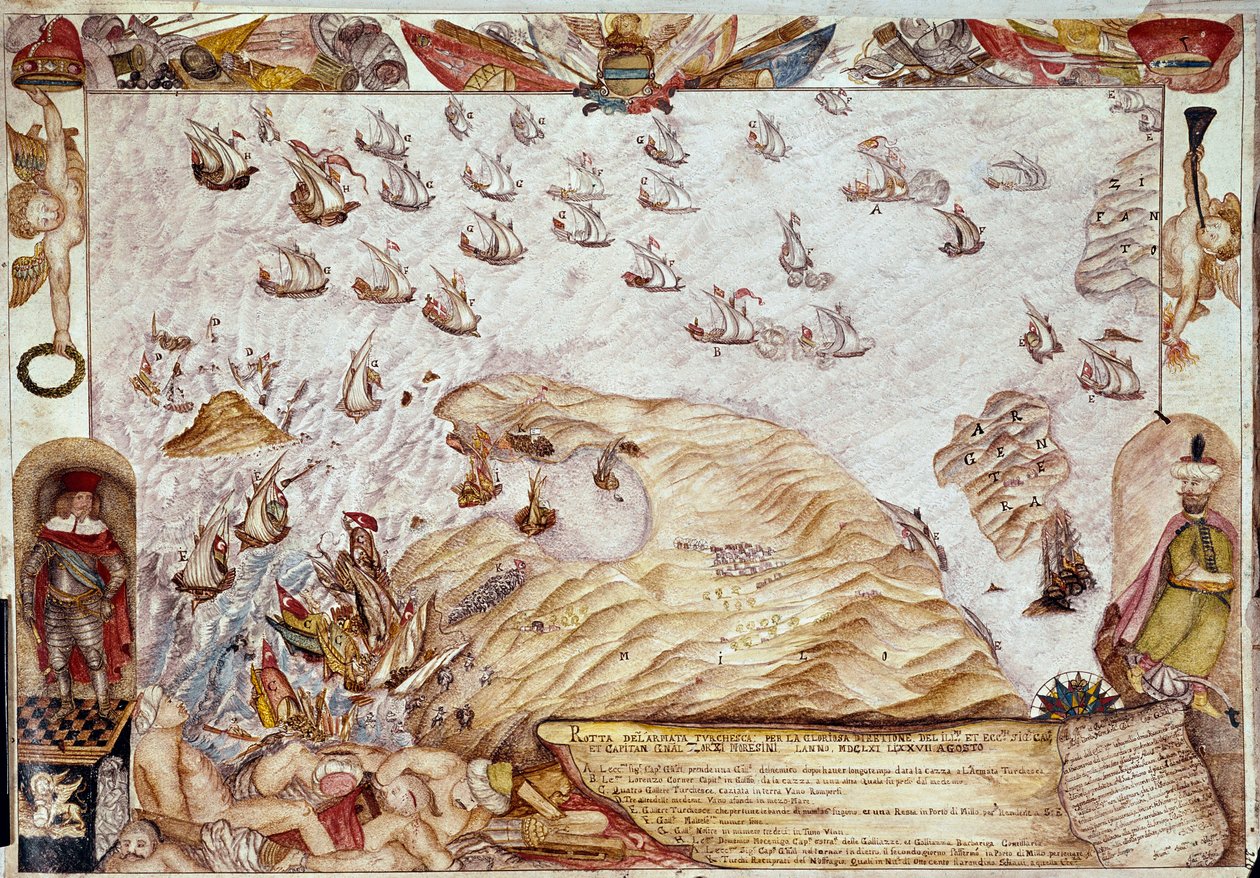 Námořní bitva mezi tureckou a benátskou flotilou v roce 1661 - Miniatura - Benátky, Biblioteca Marciana od Unknown artist