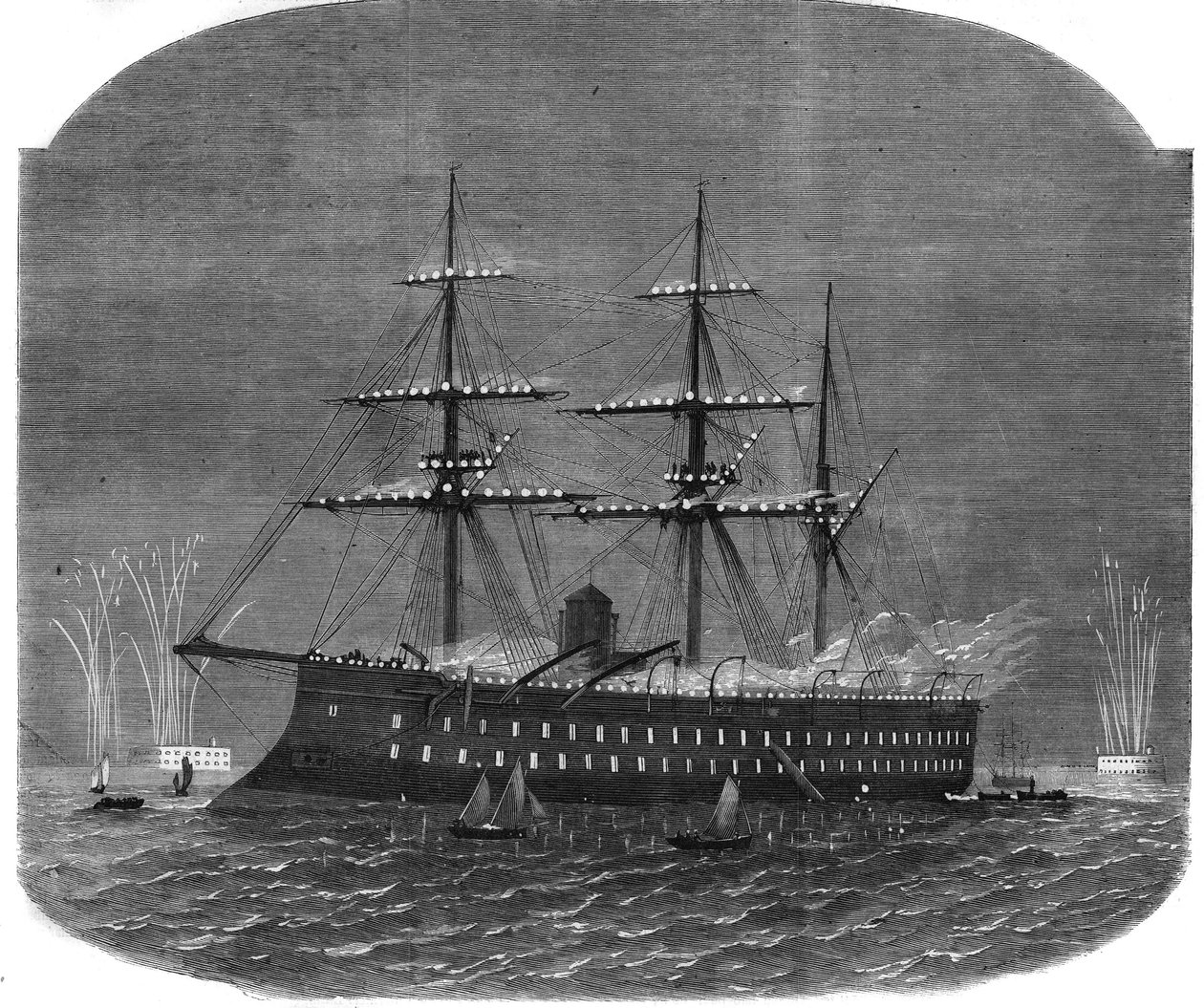 Námořní osvětlení v přístavu Spithead během plavby egyptského sultána Ismaila Paši (1830-1895) do Anglie. Gravírování v „The Illustrous Universe“ od Unknown artist