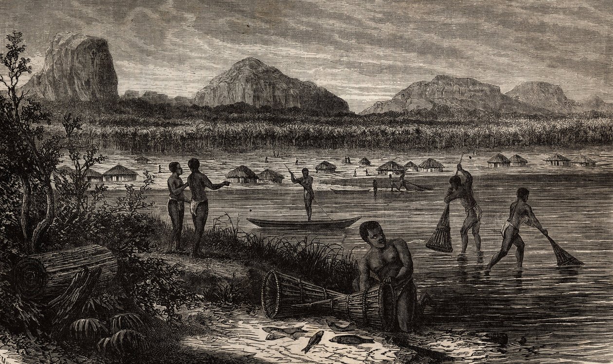 V blízkosti kataraktů Rovuma (Mozambik), rybolovné činnosti ryb. Rytina pro ilustraci prvních plaveb Dr. Livingstonea do jižní Afriky v letech 1840 až 1856 v „Le tour du monde, nouveau journal des voyages““ publikovaném pod vedením od Unknown artist