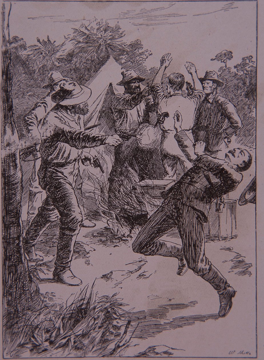 Ned Kelly zabije policejního konstábla Lonigana v Stringybark Creek v roce 1878 (rytina) od Unknown artist