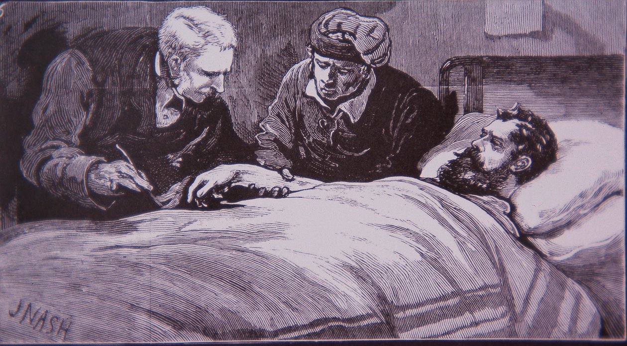 Ned Kelly leží zraněný ve vězeňské nemocnici v Melbourne poté, co byl 28. června 1880 zajat policií (rytina) od Unknown artist
