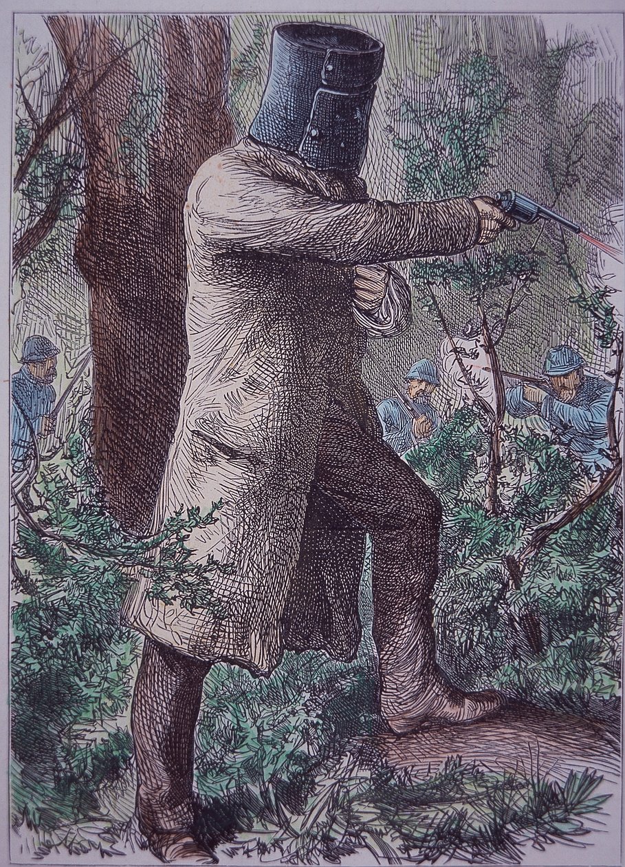 Ned Kelly ve své charakteristické zbroji, v konečné konfrontaci s policií, 28. června 1880 (barevná rytina) od Unknown artist