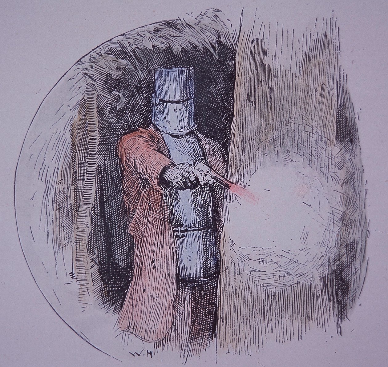 Ned Kelly v podomácku vyrobeném brnění v konfrontaci s policií (ručně kolorovaná rytina) od Unknown artist