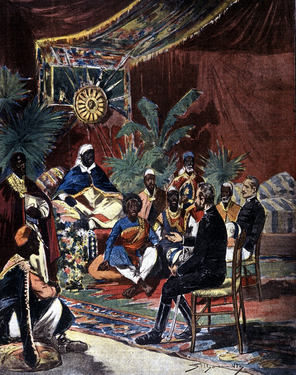 Jednání o míru s Etiopií po italské porážce v Adoua v roce 1896. Major Salsa a kapitán Angherà se setkali s králem Menelikem II. (1844 - 1913) a jeho náčelníky. Ilustrace tisku konce 19. století od Silhouette. od Unknown artist