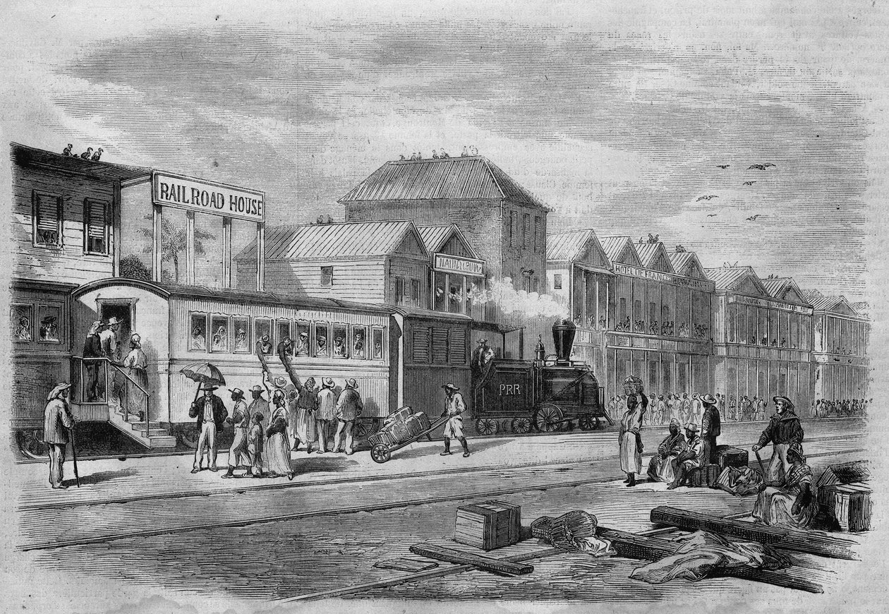 Nová Granada (dnešní Kolumbie): Aspinwallská železnice, výchozí bod z transistmické šíje k Panamské šíji. v „The Illustrated Universe“, 7.4.1866. od Unknown artist