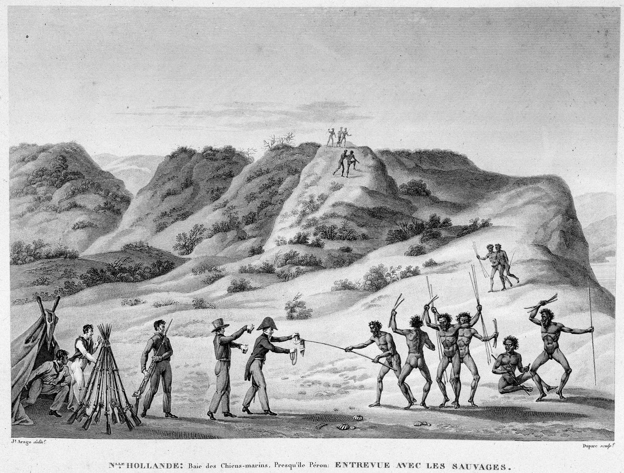 Nové Holandsko, Zátoka mořských psů, poloostrov Peron: rozhovor s Indiány (setkání domorodců a osadníků) - rytina, deb. 19. století od Unknown artist