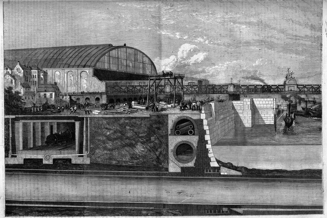 New Thames Wharf Section v Londýně, Anglie s vyznačením: 1. Horní podzemní trasa pro vodovodní a plynové potrubí a telegrafní dráty; 2. Válcová stoka; 3. Metropolitní dráha; 4. Atmosférická železnice. Gravírování do „“The Illustrious Universe““ od Unknown artist