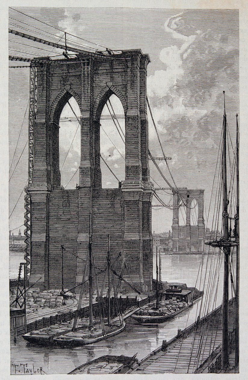 New York: hromady Brooklynského mostu ve výstavbě – v „The World Tour“, 2. semestr 1881 od Unknown artist