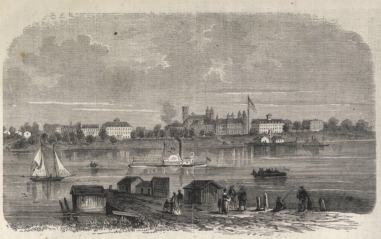 Stát New York – zřízení emigrační komise – Ward Island – rytina v „The Illustrous Universe“ z roku 1869 od Unknown artist