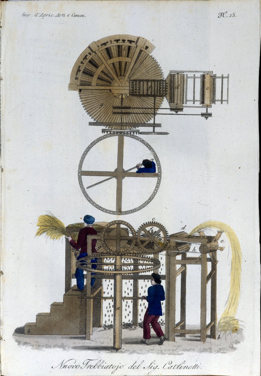 Nový model mlátičky. Talíř převzat z "" Journal of agriculture, arts and technologies "" (Revue d