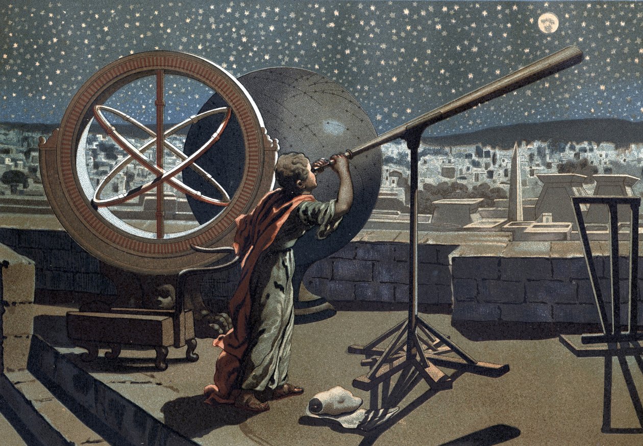 Nicein hipparchus. (Hipparkhos) na Alexandrijské observatoři Řecký astronom (v Bythinii, 2. století př. n. l.) po „La Ciencia y sus Hombres“ od Louise Figuiera. Barcelona 1881 od Unknown artist