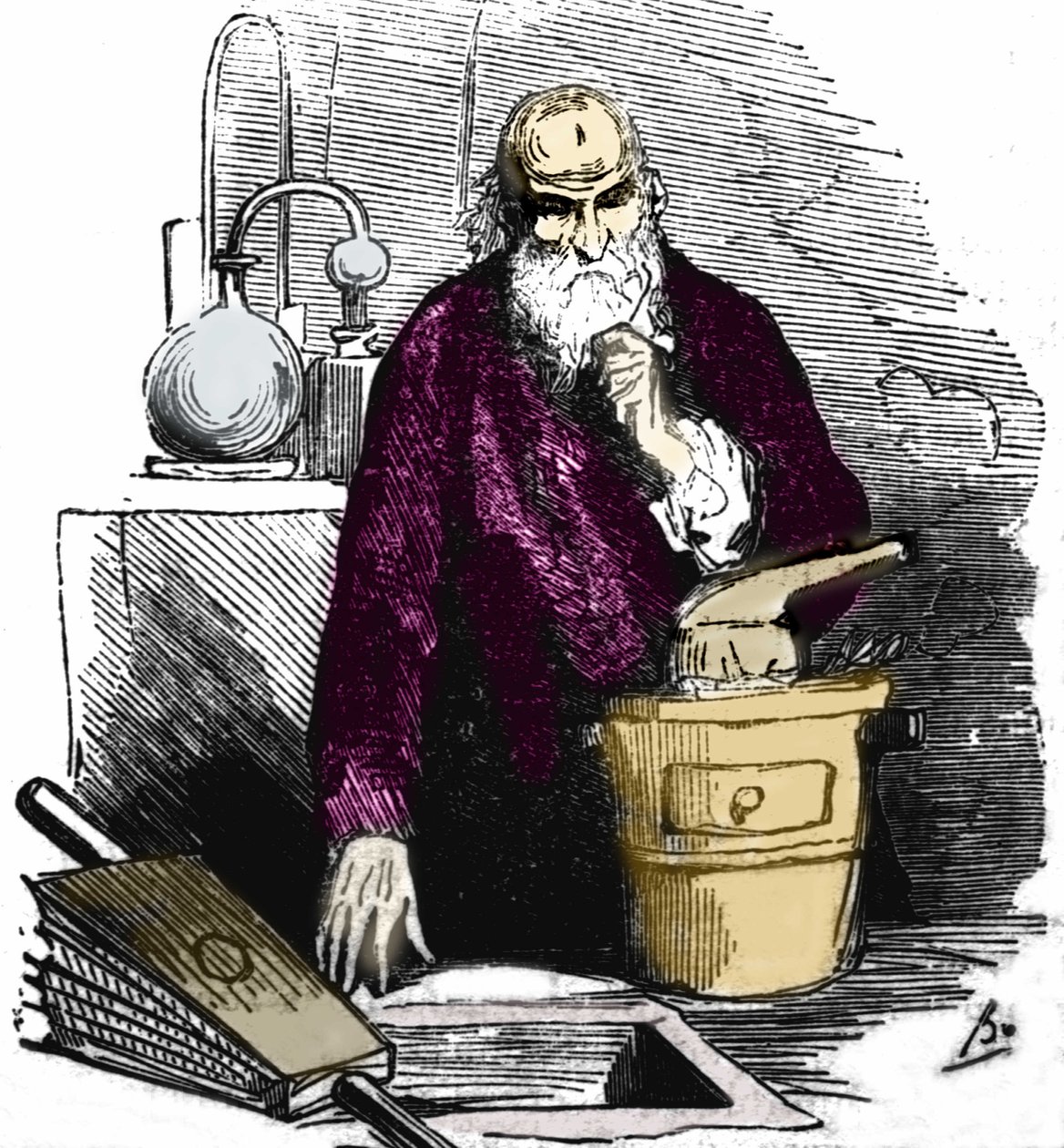 Nicolas Flamel (1330 - 1418) ve své laboratoři. od Unknown artist