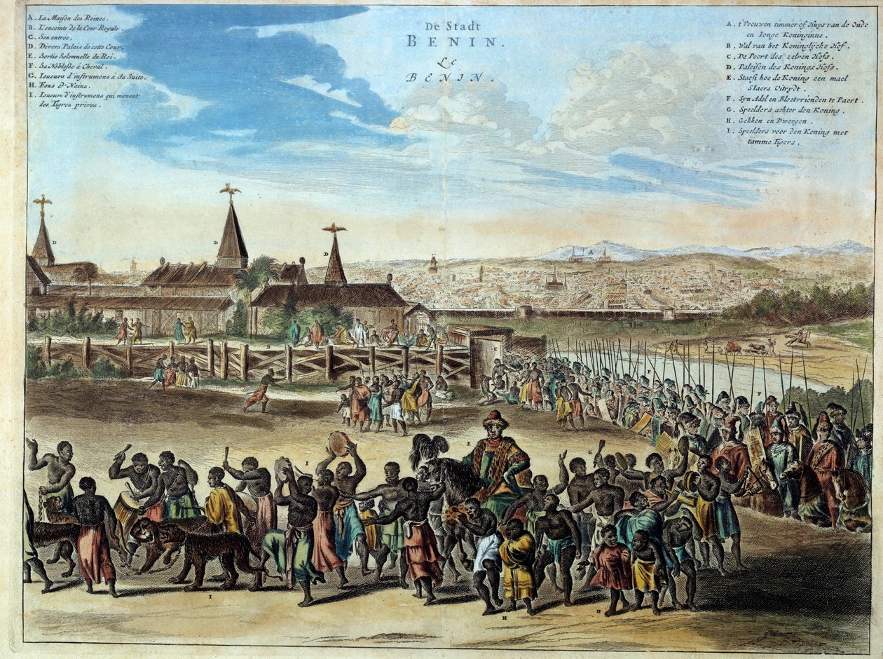 Hlavní město Nigérie království Benin slavnostní odchod krále Houegbadja (1645-1689), v Obamey v roce 1680. Rytina z roku 1686. Paříž, africké a oceánské umění. od Unknown artist