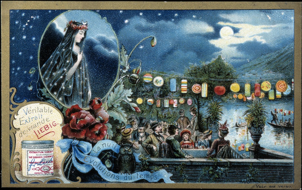 Noční, noční párty osvětlená lucernami, u jezera - Liebigova chromolitografie od Unknown artist