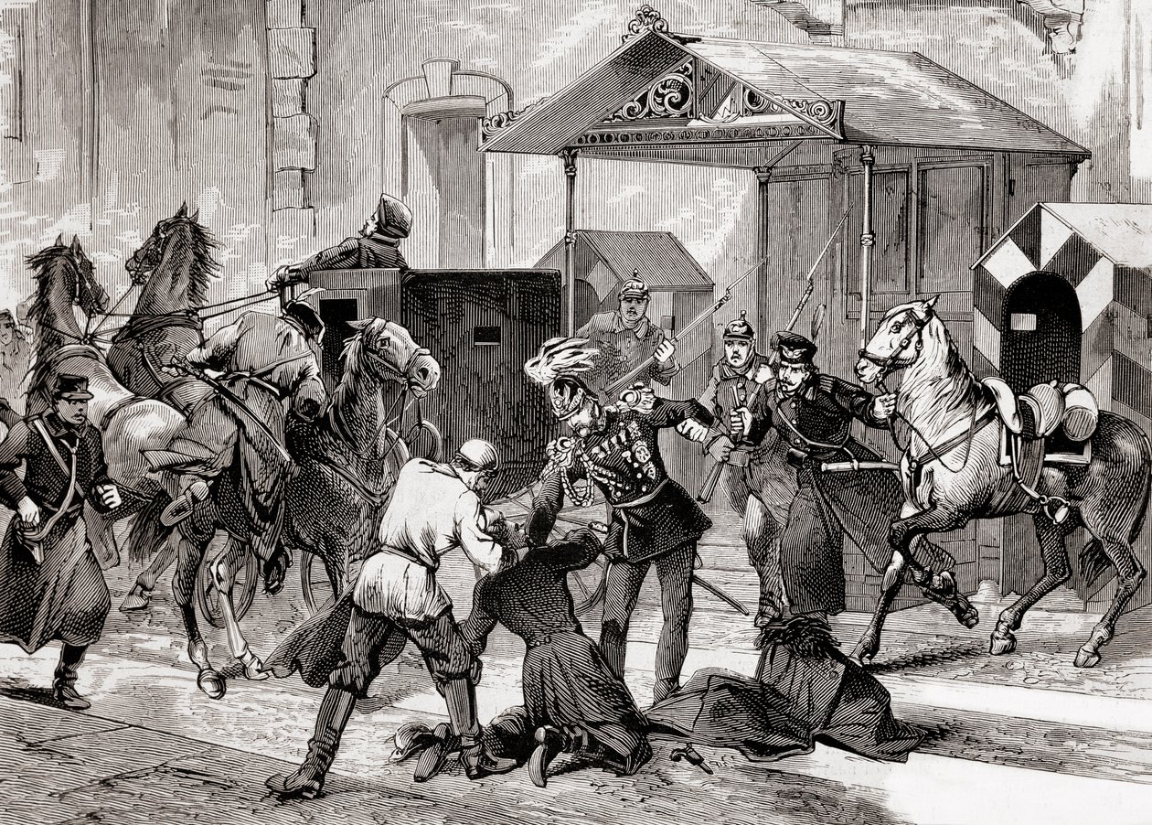 Nihilismus v Rusku - Pokus o atentát na pobočníka z tábora, generála Loris Melikoffa (Loris-Melikoff), za dveřmi jeho hotelu ve Velké Moskaji v roce 1880 - Ruské nihilistické hnutí v 19. století: pokus o atentát na hraběte L. od Unknown artist