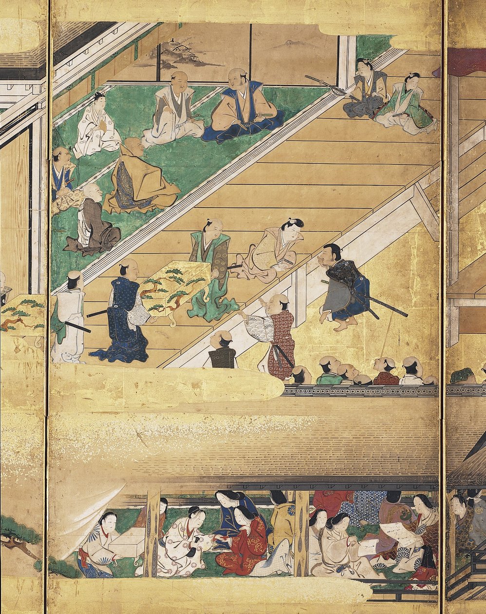 Noh Play: Funa Benkei (inkoust, barvy a zlato na papíře, obrazovka se šesti panely) od Unknown artist