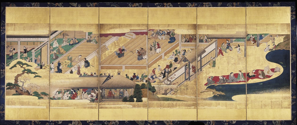 Noh Play: Funa Benkei (inkoust, barvy a zlato na papíře, obrazovka se šesti panely) od Unknown artist