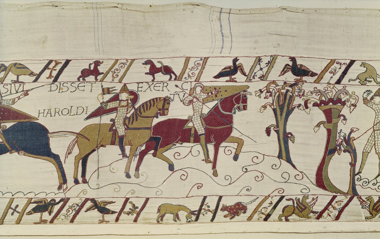 Normanští zvědi jsou vysláni dopředu, aby sledovali Haroldovy pohyby, Bayeux Tapestry (vlněná výšivka na plátně) od Unknown artist