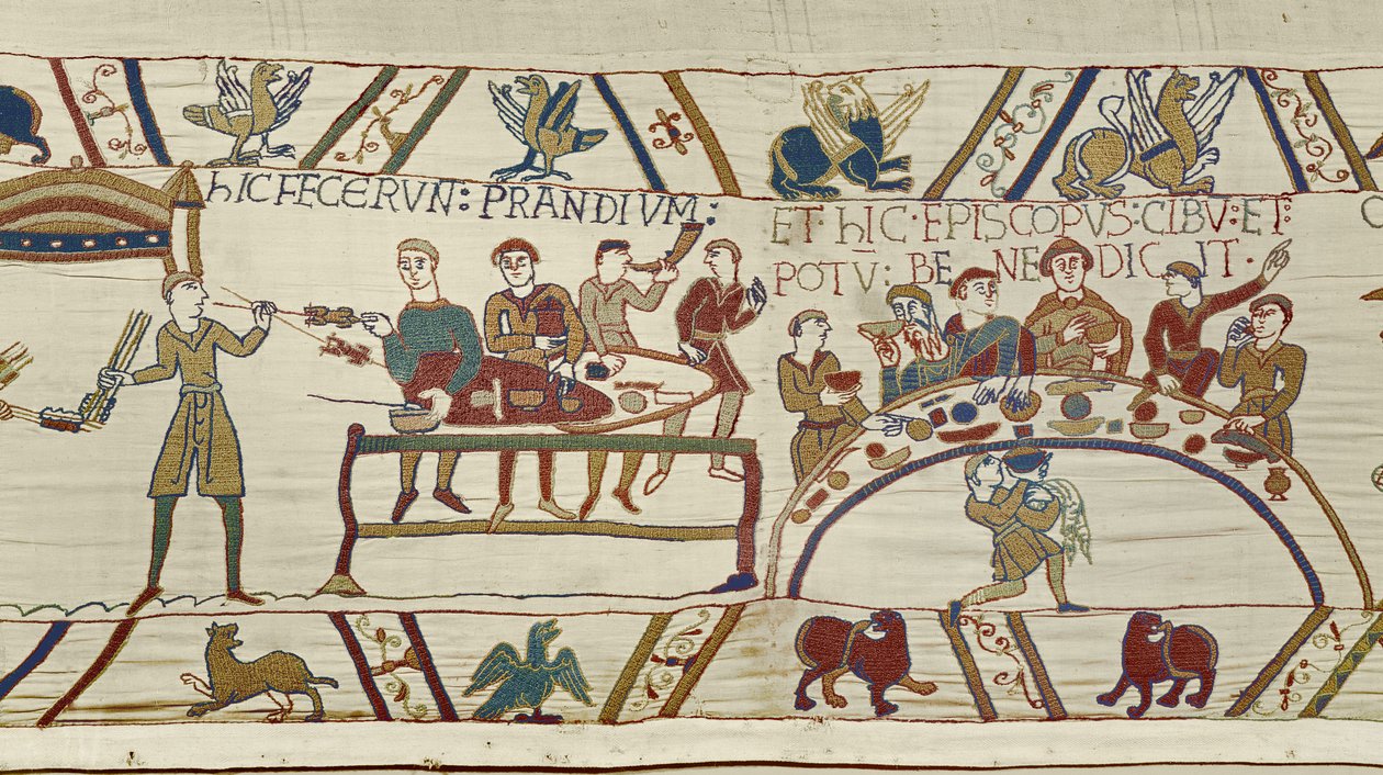 Normanští sluhové připravují pro Williama banket a biskup Odo žehná jídlu, Bayeux Tapestry (vlněná výšivka na plátně) od Unknown artist