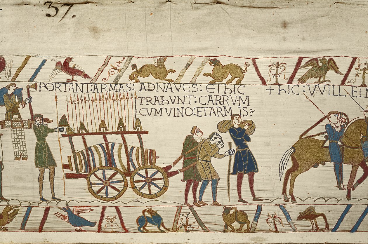 Normané táhnoucí vozík naložený vínem a zbraněmi, tapisérie z Bayeux (vlněná výšivka na plátně) od Unknown artist