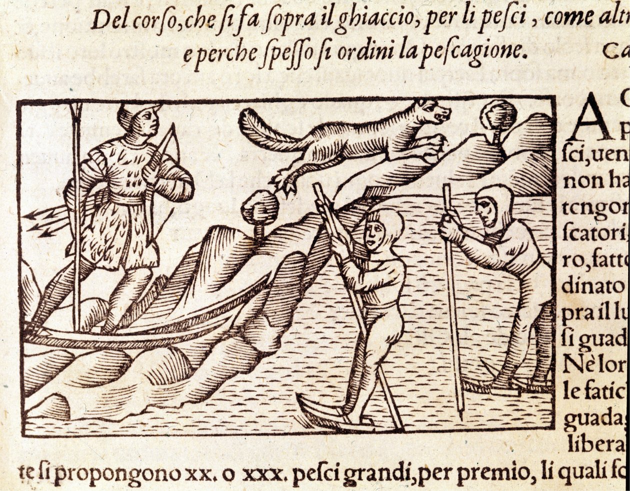 Norští lovci pohybující se přes lyže. rytina Olause Magnuse (1490 - 1557), švédského náboženského a geografa, „Historia de Gentis Septentrionalibus“, Benátky od Unknown artist