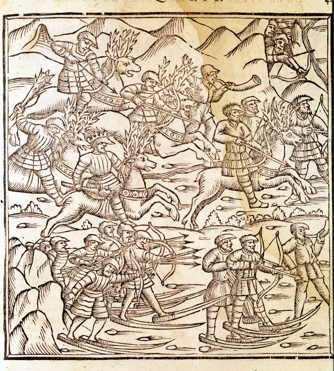Norští lovci cestující na lyžích a sobech. Rytina Olause Magnuse (1490 - 1557), švédského náboženského a geografa, „Historia de Gentis Septentrionalibus“, Benátky od Unknown artist