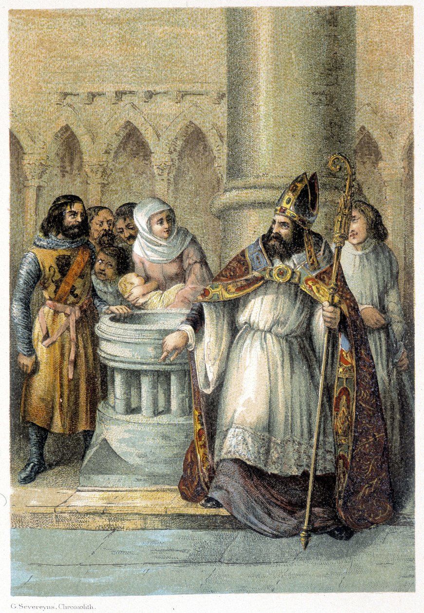Notger (930-1008), předvečer Lutychu, během křtu Ottona III. (980-1002), německého krále. Chromolitografie 19. století. od Unknown artist