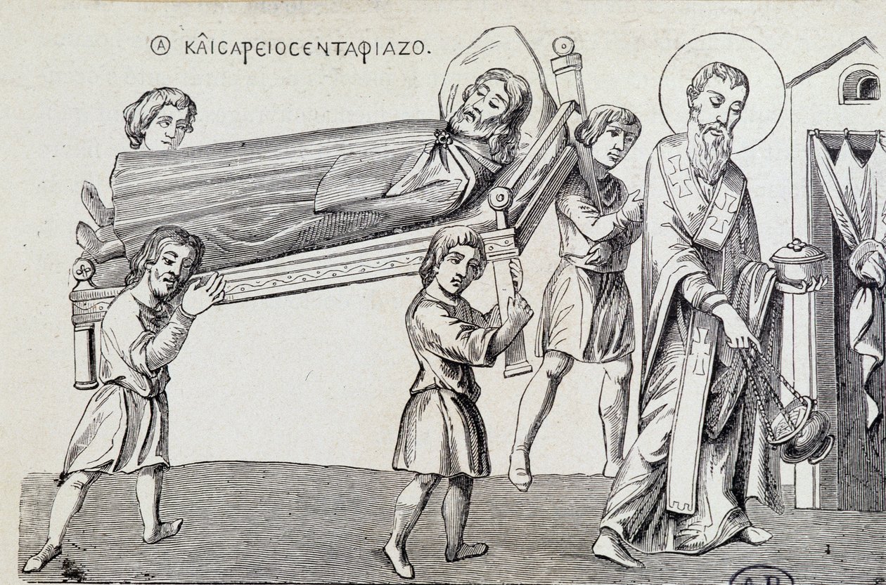 Obseque of Saint Cesaire od jeho bratra Saint Gregoire, z 9. století řeckého doc od Unknown artist