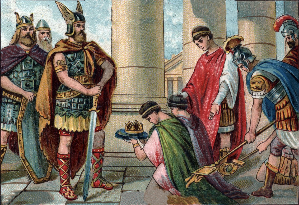 Odoacre (Odovacar, 435-493), náčelník Herules, zavazuje k abdikaci Romula Augustula, latinsky Flavius Romulus Augustus (nebo Romulus Augustulus (v něm). Romolo Augustolo), kolem 460 - 511), poslední římský císař západ v roce 476. Chromolitografie od Unknown artist