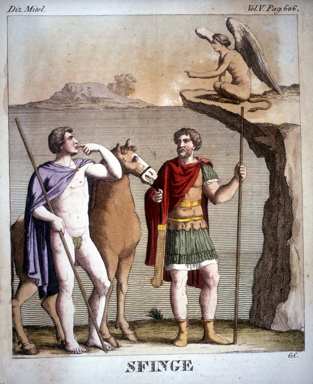 Oidipus a Sfinga - v „“ Mytologickém slovníku “, rytina 19. století, Bibl. z Brera, Milán. od Unknown artist